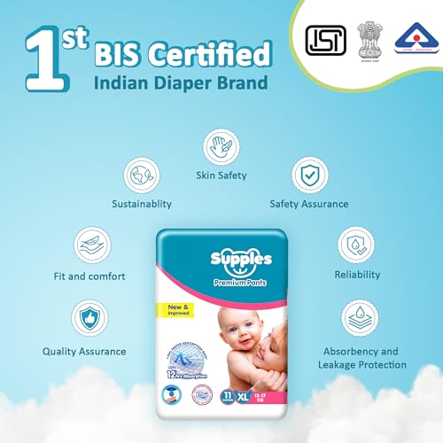Image of Amazon Brand - Supples Premium Baby Diaper Pants | 11 Baby Diapers | XL | 12-17 Kg | 12 Hrs Absorption | Cushiony Cotton Soft Fabric | Phthalates-Free | Triple Leak Guard