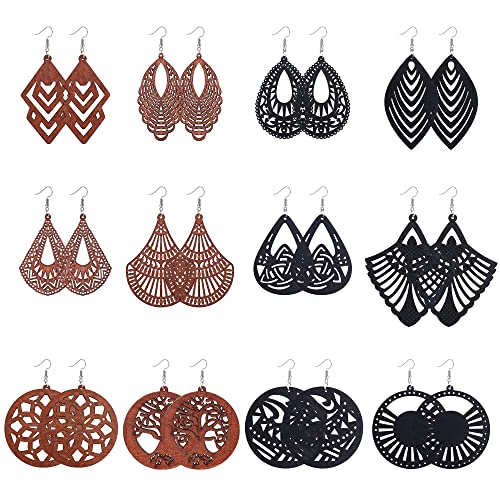 CASSIECA 12 Paires Boucles d'oreilles en Bois Naturel Boucles d'oreilles Pendantes Africaines Femmes Boucles d'oreilles Ethniques Légères Boucles d'oreilles Crochet en Acier Inoxydable