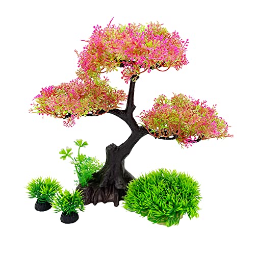 水槽用 人工水草 22/25cm中型水草セット レイアウト 水槽 オーナメント 水槽内装 アクアリウム 水槽 飾り 観賞魚/熱帯魚/金魚/爬虫類 隠れ家 水族館内装 構築植物 銀杏の木/黄葉の木 (ピンク)