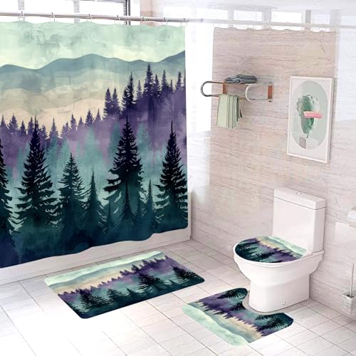 Botoutin 4Pcs Misty Forest Shower Curtain Set Nature Woodland Waterproof