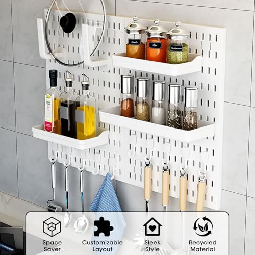 Yakiter Pegboard Combination Kit, Wall Mount Display Pegboard Panel Kit for Live Room Gaming Room, Craft Room, Work place, Durable Plastic Wall Organizer Kit, Peg Boards Organizer, 4 x 30*30cm, White