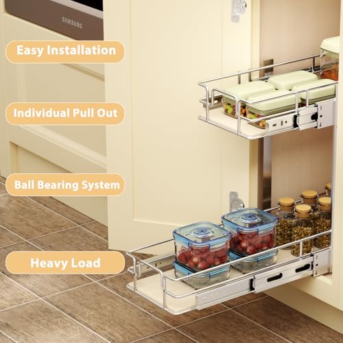 ROOMTEC 2 Tier Individual Pull Out Cabinet Organizer 7½\"W x 21½\"D, Slide Out Wood Shelves Organizers, Pull Out Drawers Organization and Storage for Kitchen Cabinet - Thumbnail 6
