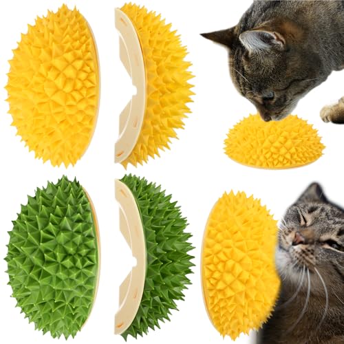 Hiboom 2 Pcs Cat Wall Corner Scratcher Durian Shaped Self Groomer Face Scratcher Massage Comb Grooming Brush Tool for Indoor Long & Short Fur Kitten Dogs, Green and Yellow