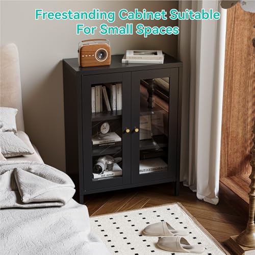 Image of Small Metal Cabinet with Glass Doors,Display Storage Cabinet with 2 Adjustable Shelves for Bathroom Entryway Living Room Dining Room Kitchen,3-Tier,11.8 inch D x 23.6 inch W x 31.5 inch H, Black