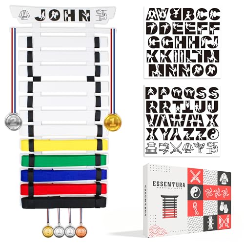 ESSENTURA 12 Belt Karate Belt Display Rack, Bamboo, Themed Stickers, Medal Hangers - Taekwondo Belt Display, Jiu Jitsu, BJJ, Martial Arts
