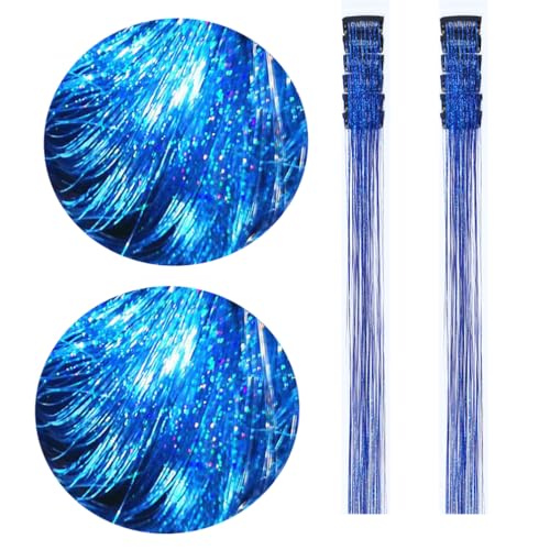 Hair Tinsel Clip in 22 Inch Tinsel Hair Extensions with Clips 12 Pcs Colorful Glitter Heat Resistant Sparkling Fairy Hair Accessories for Women Blue Color