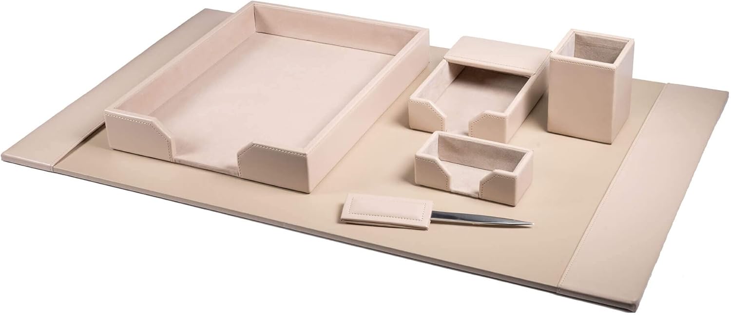 Dacasso Bonded Set Luxury Leather Desk Pad & Desk Organization Essentials, 6 Piece, White Latte
