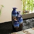 Glitzhome 30.75" H Vase Ceramic Outdoor Water Fountain with LED Lights and Pump, 4-Tier Cobalt Blue and Brown Reactive Glaze Cascading Pots Standing Fountain for Porch Deck Garden Patio Backyard