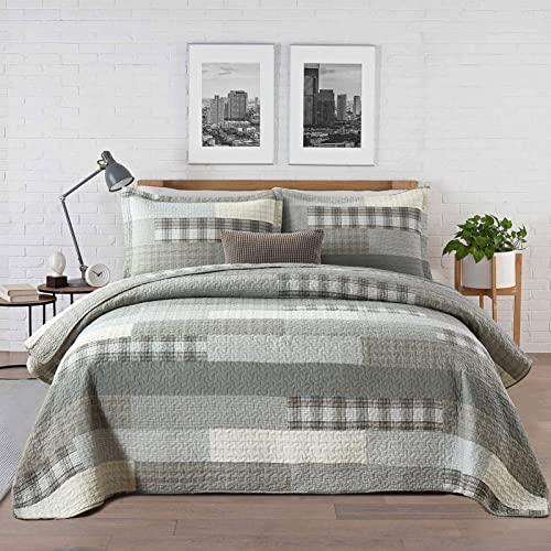 Kaloola Quilt King Size, 100% Cotton King Quilt Bedding Set, Farmhouse Rustic Plaid King Bedspreads, Grey Cream Reversible Lightweight Coverlet For All Season, 3 Pieces #TOP14