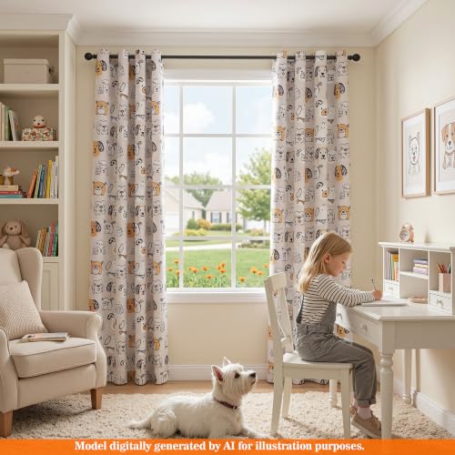 Image of MYSKY HOME Kids Blackout Curtains 95% Light Blocking Grommet Drapes 84 Inch Length 2 Panels Set with Cartoon Dog Patterns for Girls Boys Nursery Bedroom Playoom, Each Panel 52 inch W, Grey