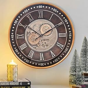 CLXEAST 24 Inch Wall Clock with Moving Gears,Oversized Large Industrial Steampunk Decor, Antique Gold Metal Roman Numeral Wall Clocks for Farmhouse Living Room Decor