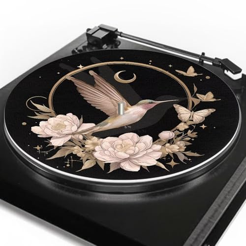 Qehuruxo Hummingbird Flower Turntable Platter Mat Rubber Slipmat Record Player mat 12-inch Turntable Rubber Mat Silicone Design for Universal to All LP Vinyl Record Players (Black)