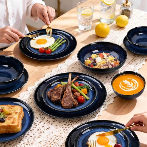 Plates and Bowls Set for 4, 16 Pcs Porcelain Reactive Glaze Dinnerware Set, Kitchen Ceramic Dishes Set with Dinner Plates, Salad Plates, Pasta Bowls, Cereal Bowls, Microwave and Dishwasher Safe - Thumbnail 4