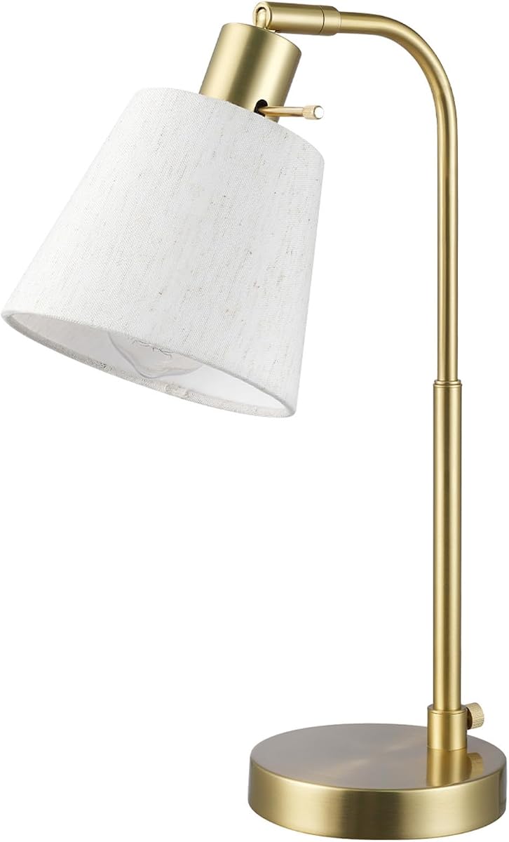 Globe Electric 61000057 Lámpara de escritorio de 16", acabado en latón mate, pantalla blanca, junta pivotante ajustable, interruptor giratorio en el enchufe, iluminación moderna para dormitorio u oficina, luces interiores, base E26