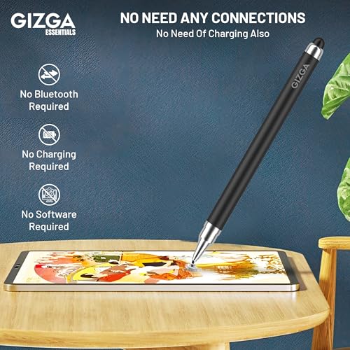 Image of Gizga Essentials 2 in 1 Universal Stylus Pen for All Touchscreen Devices| Fine Point Disc Tip & Soft Rubber Tip Touch Pen for iPad /Pro /Air /mini, iPhone, iOS /Android, Tablets, Smartphones, (Black)
