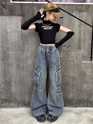 Image of Rolanko Girls Cargo Pants Baggy Y2K Cargo Trousers Jeans Wide Leg Pants with Multi Pockets 4-15 Years