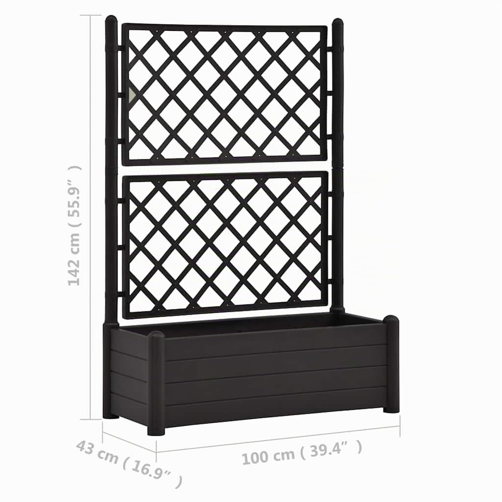 vidaXL Jardinière avec Treillis Lit Surélevé de Jardin Boîte à Fleurs Bac à Plantes Boîte de Plantation Extérieur Patio 100x43x142 cm PP Anthracite