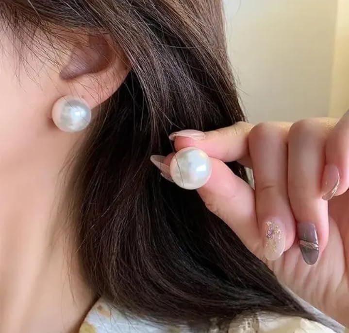 Pearl Stud Earrings, White, Classic Round Design For Women And Gi...