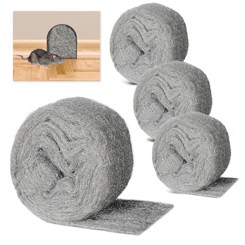 Lana de acero 000-4 rollos de lana de acero contra ratones con 4 m x 78 mm, lana de acero inoxidable fina contra ratas, lana de acero para agujeros y grietas de la pared, para casa, jardín, limpieza y