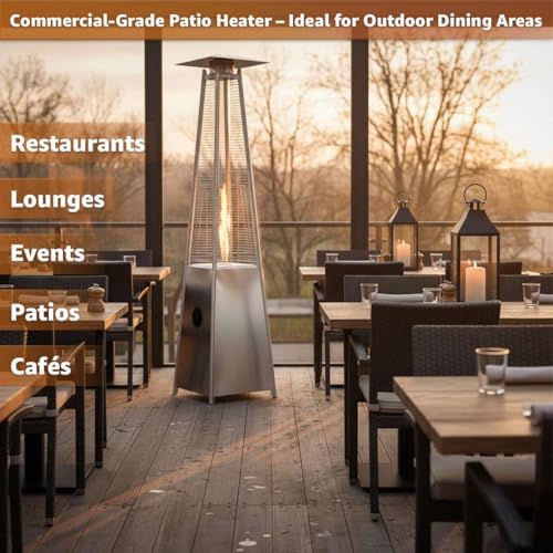 40,000 BTU Stainless Steel Portable Propane Outdoor Patio Heater with Glass Flame Tube – Square Pyramid Freestanding Design with Wheels & Easy Ignition – Outdoor Heater for Deck, Patio, Events - Image 3