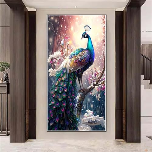 Broderie Diamant grand format pour salon, Diamond Painting paon bleu 90x180cm