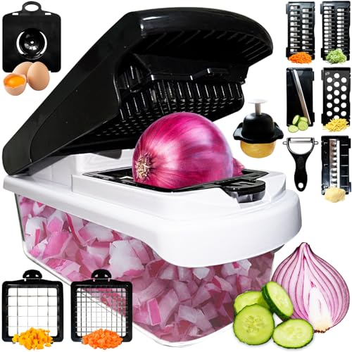 Strangefly Vegetable Chopper With Container,16 In 1 Professional Slicer For Kitchen,Multifunctional Food Chopper For Potato, Tomato,Filter Water Hole,8 Blades,Black