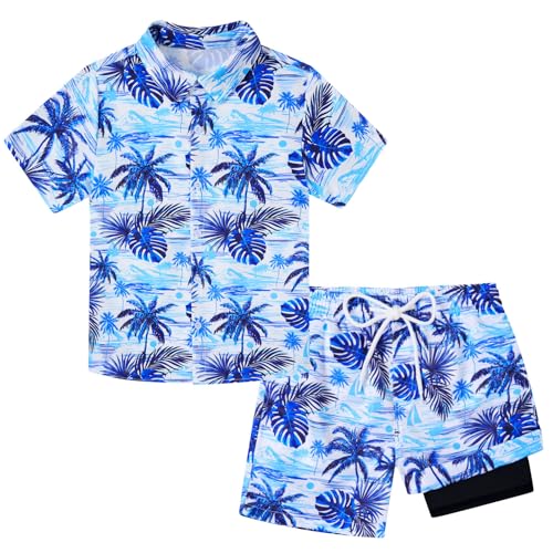 Image of UNICOMIDEA Boys Hawaiian Outfits Tropical Print Button Down Shirt + Swim Trunks 2 Piece Sets for 5-12T Kids