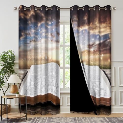 Kzzfqxb Holy Bible Blackout Curtains Opening Book Wisdom Light Bokeh Sunset Jesus Christ Bible Church Living Room Bedroom Window Drapes with Grommets,2 Panels,Each W53 xL63