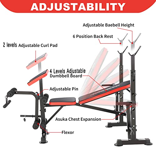 Oppsdecor 600Lbs Adjustable Weight Bench Workout Bench 5 In 1 Olympic Weight Bench Multi-Function Leg Developer Preacher Curl And Barbell Rack Incline Backrest For Indoor Home Gym Fitness Exercise Equipment #TOP5