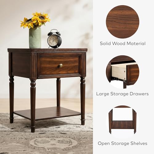 Image of Chogori Solid Wood End Table with Drawer, 2PCS Sofa Side Table with Storage Shelves, Real Wood Beside Table Accent Table Nightstand for Small Spaces, Living Room, Easy Assembly (Walnut)