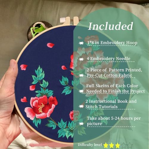 Image of FONNUY 2 Set Crewel Embroidery Kit for Beginners, Fantasy Floral Pre-Stamped Pattern Kits for Adults with Hoop, Easy to Follow Needlework, 8'' (Red)