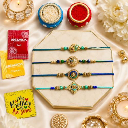 Image of Dreamica Set of 4 Designer Rakhi for Brother | Combo with 'My Brother is Awesome' Fridge Magnet, Tilak Set (Roli-Chawal), and Greeting Card | Best Rakhi Gift for Brother (Rakhi-91)