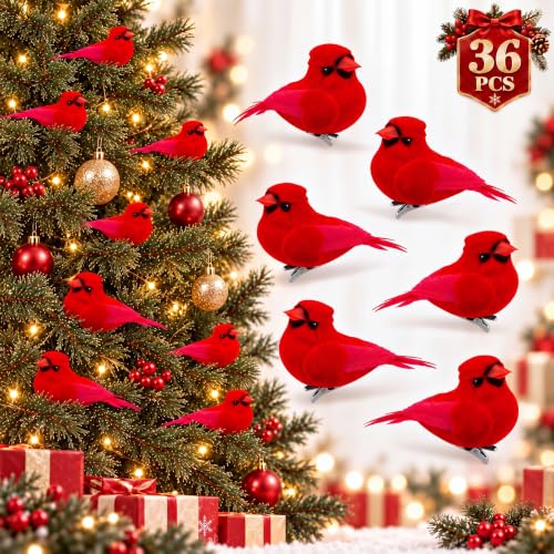 36 Pcs Red Cardinal Christmas Ornaments, Christmas Tree Decor,Classic Style