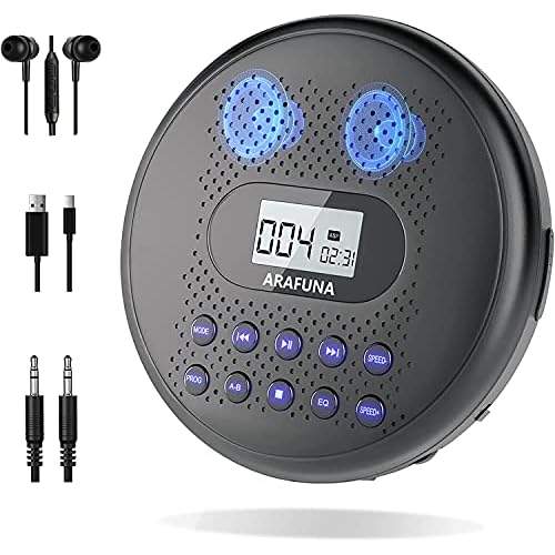 Arafuna Lecteur CD Portable avec Haut-parleurs et Batterie Lithium Intégré de 1400 mAh, Lecteur CD avec Protection Anti-Saut, Baladeur CD avec Casque et câble AUX
