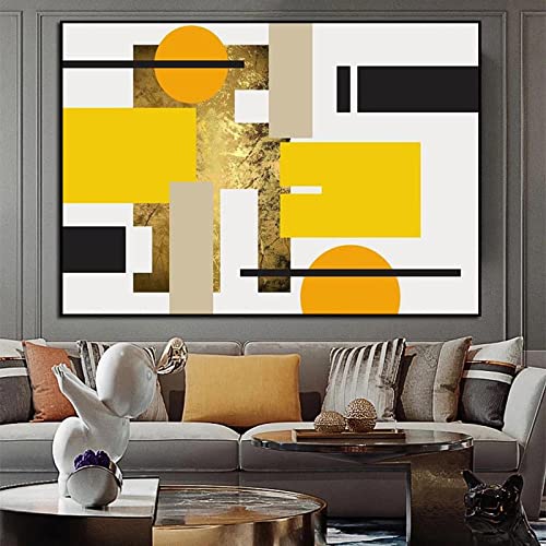 Art abstrait géométrique jaune pour créer un salon chaleureux et accueillant avec cette toile
