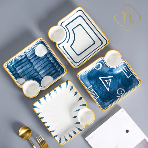 Image of Nestasia Set of 2 Ceramic Chip and Dip Snack Plate with Dip Section | Microwave & Dishwasher Safe Starter Plates | Perfect for Fries, Momos, Sushi, Kebab (White & Blue)