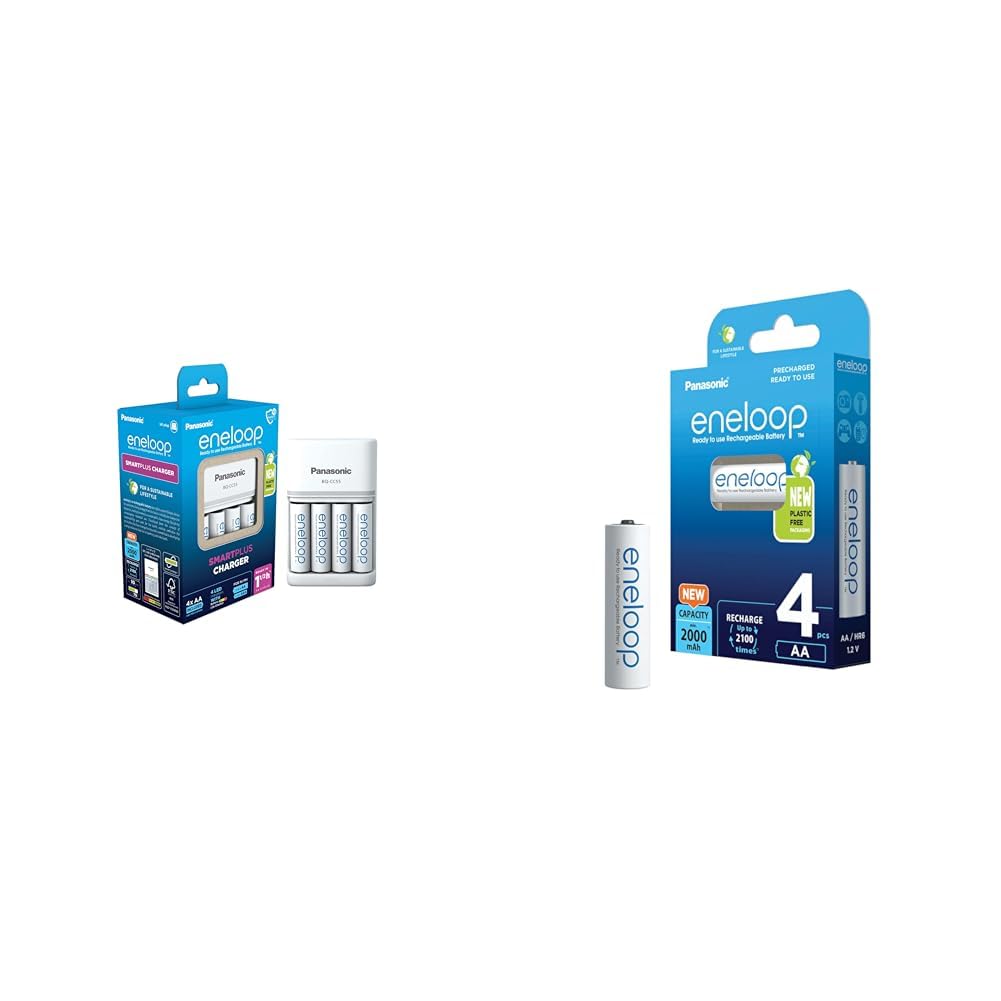 Panasonic eneloop SmartPlus Ladegerät für 1-4 AA/AAA NI-MH-Akkus & c eneloop, AA/Mignon, 4er-Pack, verbesserte Kapazität: min 2000 mAh