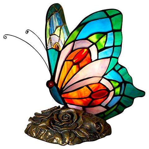 FUMAT Tiffany Tischlampe Nachttischlampe Blau Schmetterling färben Glas Vintage Lampenschirm Cover