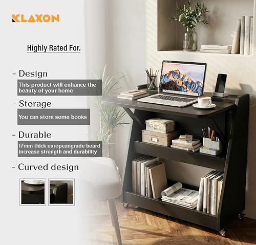 Image of Klaxon Foldable Study Table with Drawer & Storage Shelf | Compact Desk for Home & Students | Folding Design with Lockable Wheels. (Black, DIY Installation) (Black- New, Mylo)