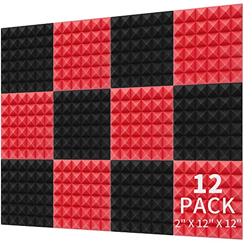 12 Pack Acoustic Foam Panels,2" X 12" X 12" Acoustic Panels,Pyramid-shaped Sound Proof Foam Panels,Studio Foam for Walls Sound Absorbing Panels,Sound Proof Padding,for Home Studio Ceiling(Black+Red)