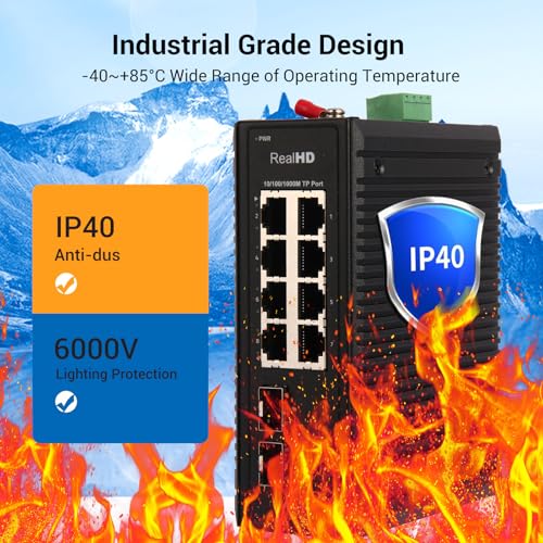Image of Industrial Ethernet Switch, 10-Port Gigabit Din Rail Switch Hardened, 1000Mbps, 8 Ethernet Ports + 2 SFP Port, Din Rail & Wall Mountable (-40 to 185 F), 20Gbps Switching Capacity, with UL Power Supply