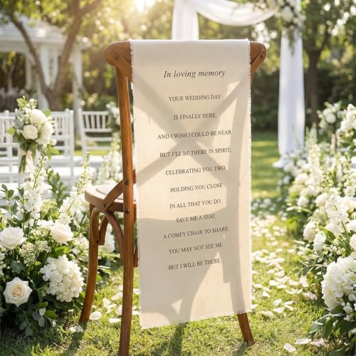 HunnmingRe Reserved Wedding Chair Sign Banner Loving Memory Signs for Wedding with Love from Heaven Cotton Linen 15'' x 50'' Save a Seat for Someone in Heaven(White,Linen,Brushed)