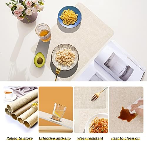 Purejoy Placemats and Coaster 6 Sets PVC Table Mats Heat-Resistant Washable and Non-Slip 45*30 cm Dinner Table Mats Set of 6 for Kitchen Table Indoor Outdoor (Beige)