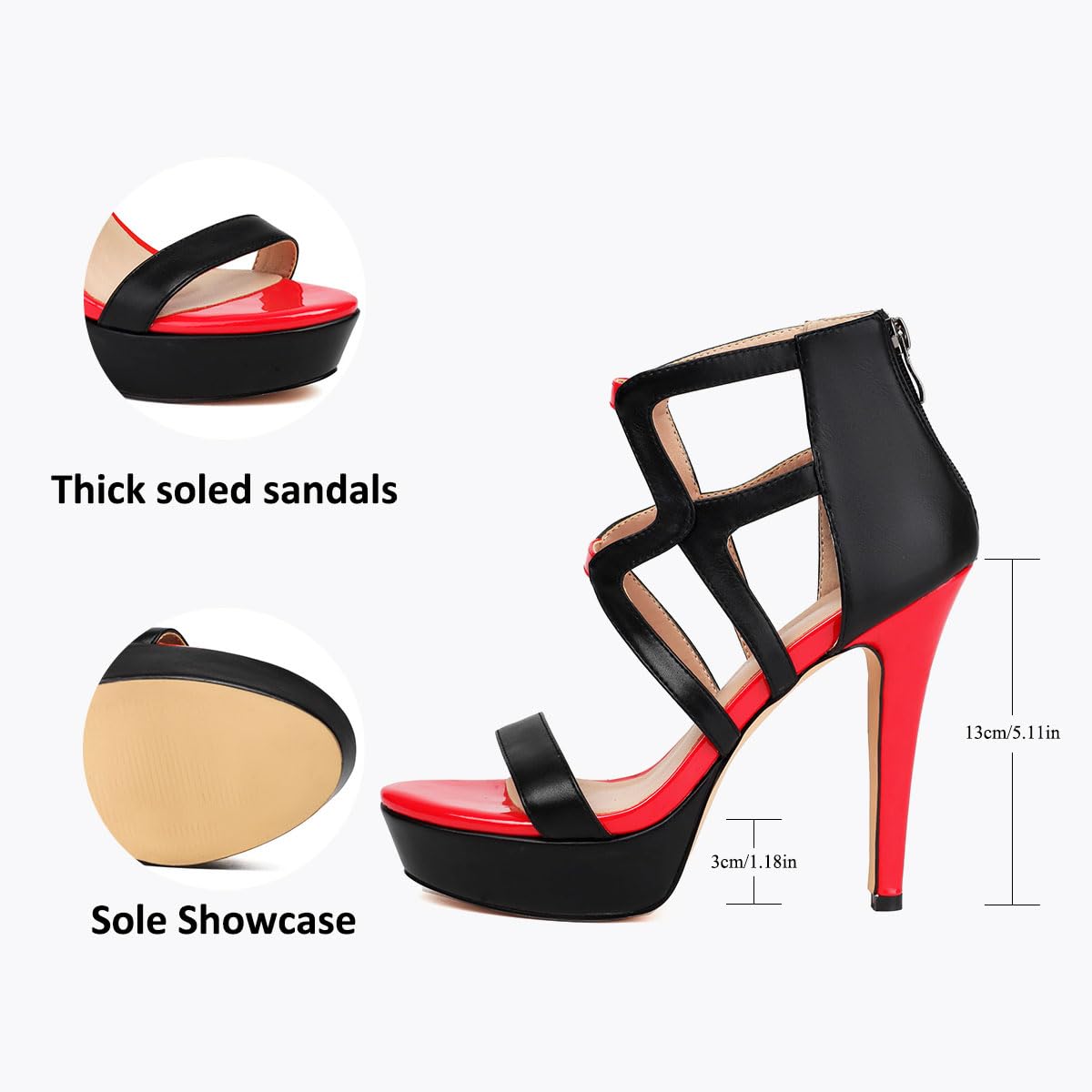 Feinlina Bapolee Sandales à talons hauts sexy pour femme - Sandales à talons hauts - Bout ouvert - Noir et rouge - Talon aiguille - Chaussures de fête avec fermeture éclair à l'arrière