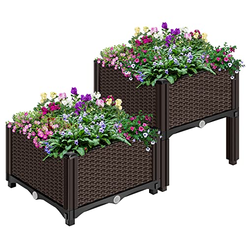 VIVOHOME 2 Packs Elevated Plastic Raised Garden Bed Planter Kit Outdoor Planters Above Ground Flower Vegetable Standing Planter Box for Patio Deck Porch WDrainage Holes