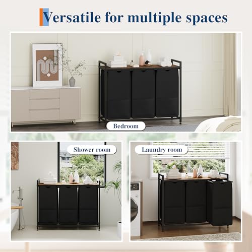 Garvee 145.5L Laundry Basket 3 Section, Laundry Hamper with Shelf & 3 Removable Bags, Dirty Clothes Basket Organizer for Bathroom Bedroom Room Organization, 3 x 12.8 Gal (48.5L), Rustic Brown + Black by Garvee - Used condition - Image 7