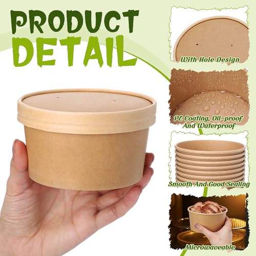Image of Fulmoon 15 oz 100 Pack Paper Containers with Lids Soup Bowl Cup, Brown | Disposable Ice Cream Cup, Kraft Food Containers with Vented Lid Stackable for Hot Soup Dessert Cake Fruit Microwave Takeout