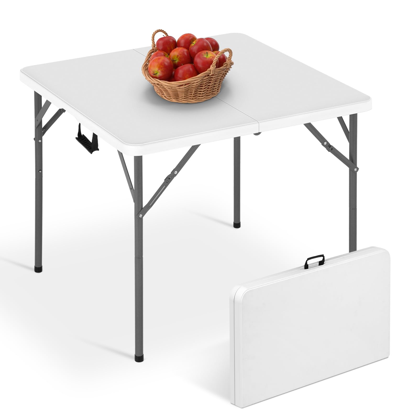 34" Square Plastic Folding Card Table, Portable Outdoor Dining Table with Collapsible Legs and Carrying Handle, Plastic Tables for Camping, Picnic, Office, Party, White