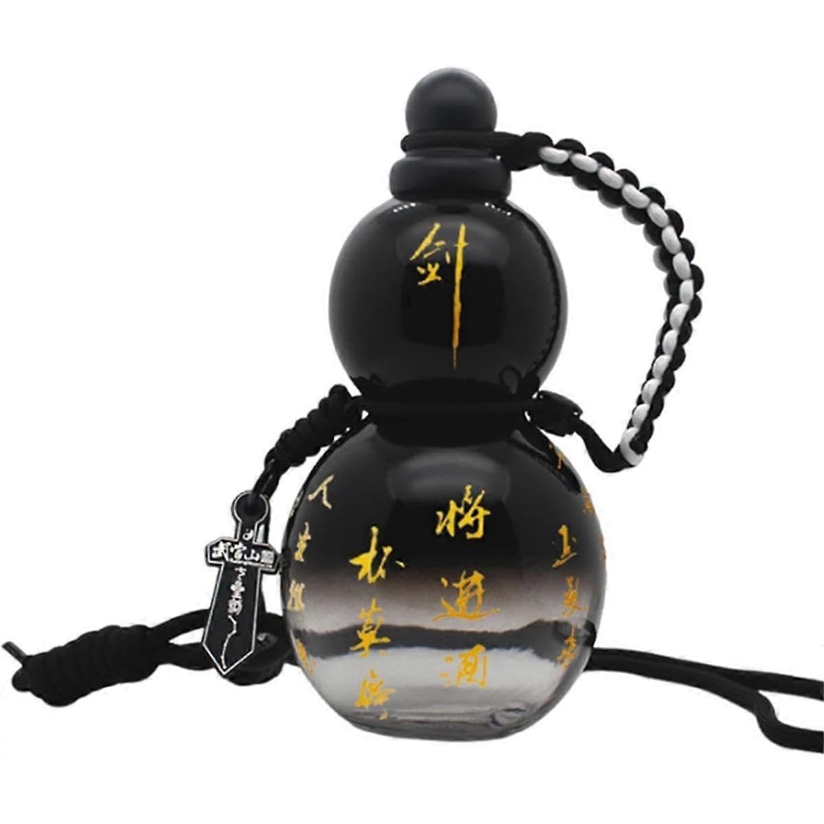 JOYHAPPST 2024 Gourd Water Bottle, 28 Oz, Leak Proof, with Strap, Waist Rope, Brush, Charm, DIY Stickers,Glossy Black