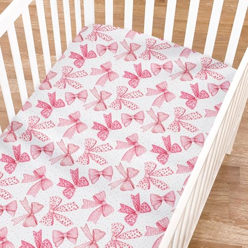 Image of Pink Valentine's Bows Fitted Crib Sheets for Girl 52 inchx28 inch Girly Pink Hair Bows Crib Mattress Covers Soft Breathable Valentine Hearts Love Baby Sheets for Standard Crib and Toddler Mattresses Pink